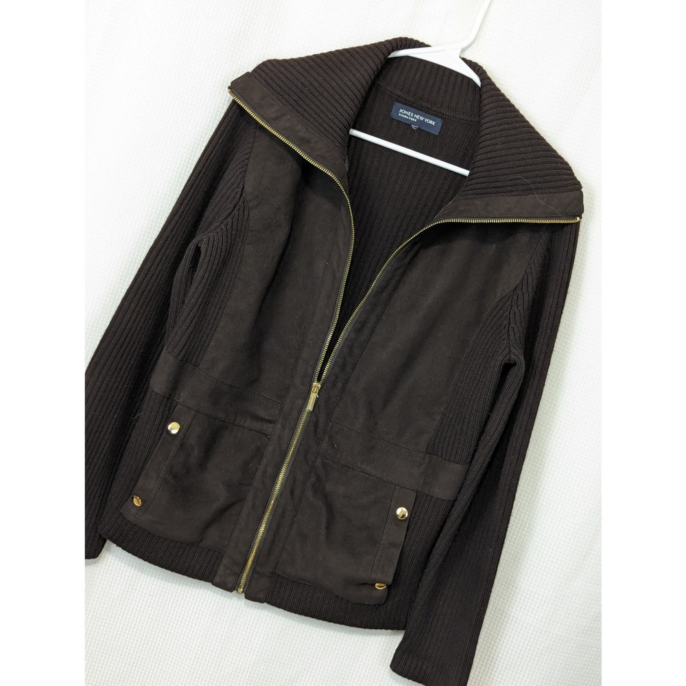 JONES NEW YORK SIGNATURE! MERINO WOOL! BROWN, FAUX SUEDE, ZIP SWEATER! SZ L